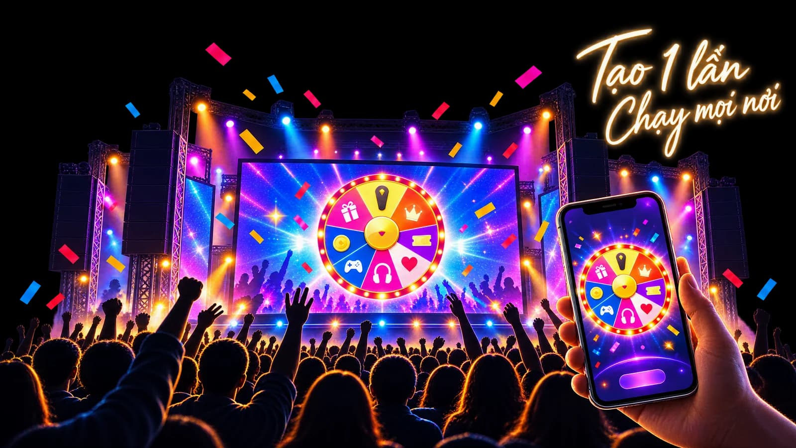 Vòng quay LuckyWheelVN trên màn hình LED sân khấu và điện thoại