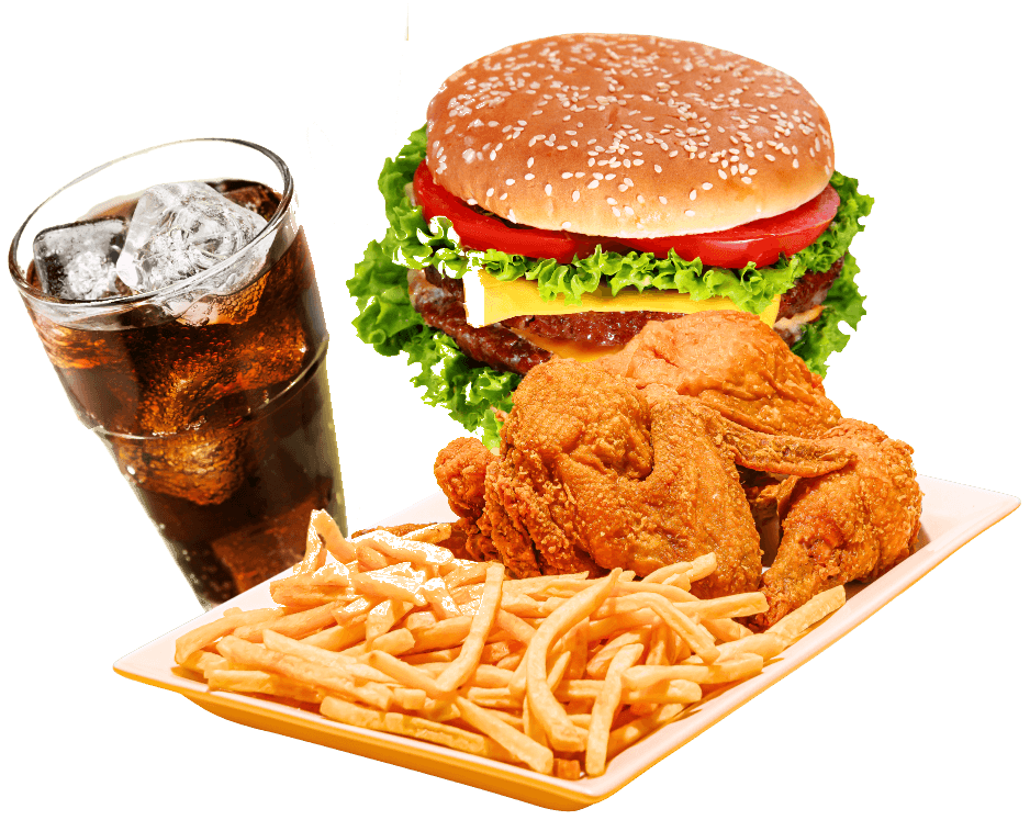 Combo fast food: burger, gà rán, khoai tây chiên, nước ngọt