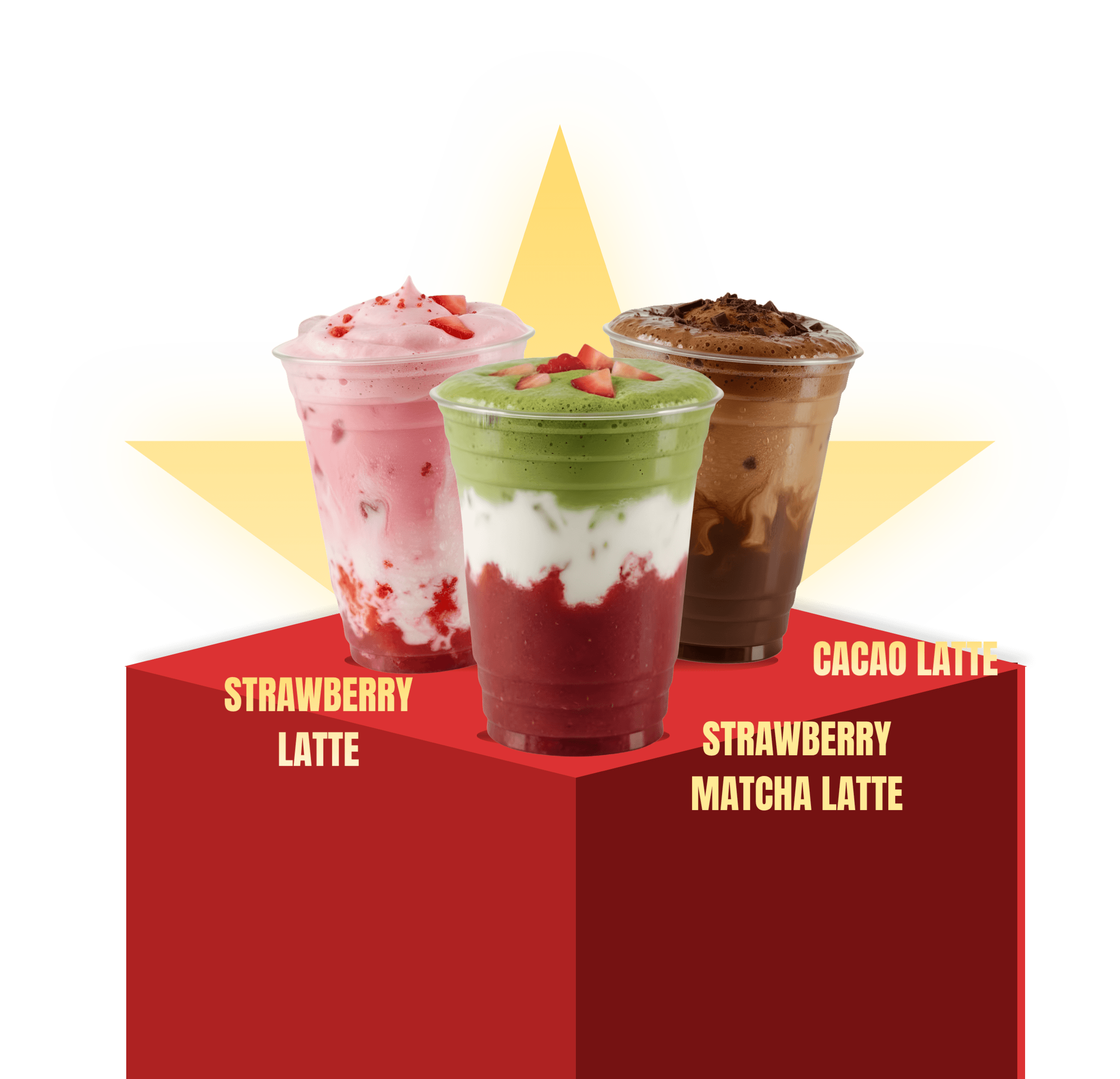 Ba ly đồ uống: strawberry latte, strawberry matcha latte, cacao latte trên bục đỏ